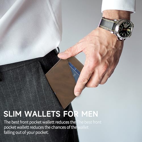 SENDEFN Slim Wallet for Men with Money Clip RFID Blocking Bifold Genuine Leather Minimalist Card Holder with ID Window （coffee）2