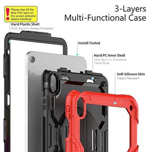 Sibeitu for iPad (A16) 11th/ 10th Generation Heavy Duty Case 10.9 Inch 2025/2022 with Screen Protector, Military Grade Defender Protection, Rugged Shockproof Cover with Stand & Strap, Red