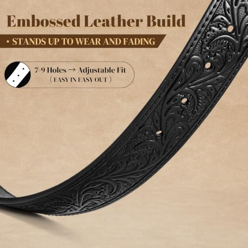 Image of Cowboy Cowgirl Belt Western Belts for Men Women Floral Engraved Longhorn Bull Buckle Belt for Jeans