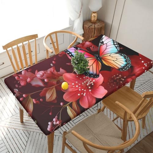 Xzeit Red Flower and Butterfly Rectangle Tablecloth Elastic Fitted Table Covers for 5 Ft Tables Stretch Table Cloths Outdoor Waterproof Table Cloth Cover for Picnic Camping Indoor Outdoor 30