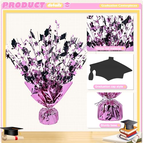 Image of 6 Packs Graduation Decorations Centerpieces for Tables Metallic Foil Star Graduate Cap Burst Tabletop Display in Pink and Black for Grad Ceremonies Celebrations Party Decor Supplies 12 (Pink)