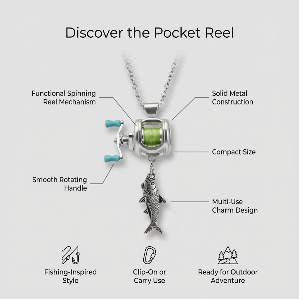 Fishing Reel Necklace, Mini Fishing Reel Necklace for Men with Rotating Handle, Silver Fish Necklace Pendant
