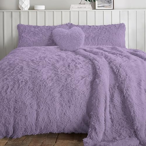 Rohi Luxury Faux Fur Fleece Duvet Cover Set – Cuddly Long Pile Teddy Fleece Bedding Set – Hypoallergenic – Washable – Thermal Quilt Fluffy Bedding with Pillowcases (Lilac, Double)