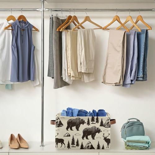 Image of Aslsiy Storage Basket Vintage Deer Bear Moose Nursery Bins National Park Baby Box Canvas Clothes Shelf Basket Laundry Hamper for Home Closet 1 Pcs
