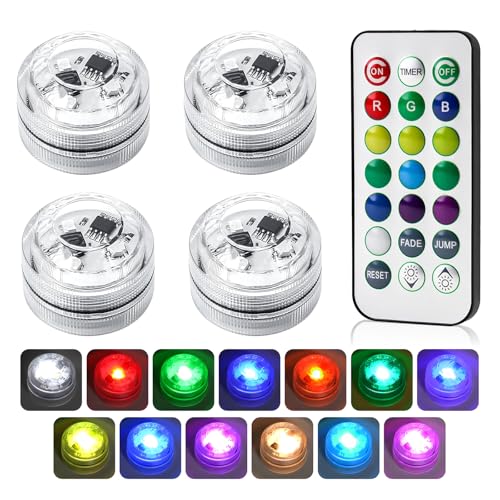 4 PCS Small Led Lights Mini Submersible Light with Remote Control Waterproof Small 13 Color Changing Tub Lights for Aquarium Pool Party Decoration