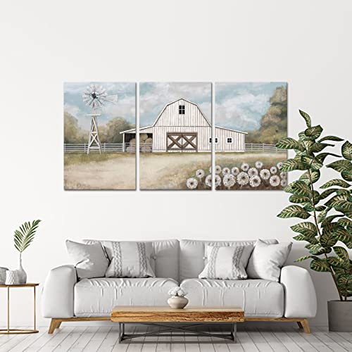 Atgowac Farmhouse Barn Wall Art Rustic Barn Pictures Country Farmhouse Wall Decor White Barn Windmill Framed Canvas Wall Art Ready To Hang (24Inchx36Inchx3Panels) #TOP3