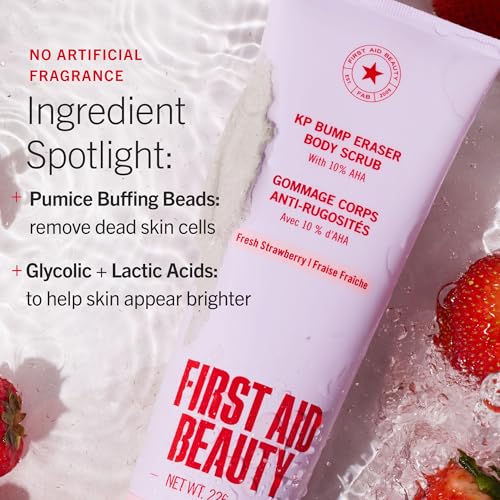 Image of First Aid Beauty KP Bump Eraser Body Scrub with 10% AHA - Dermatologist-Tested Keratosis Pilaris Exfoliator - Support for Rough Bumps, Uneven Skin Texture & Strawberry Skin - Sensitive Skin