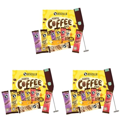 Image of Bevzilla 60 Flavoured Coffee Sachets With Frother (60X2 Gram) | 15 Pouch Each Flavour | Hazelnut, Vanilla, Classic & Butterscotch | Cafe Coffee Kit (Pack of 3)