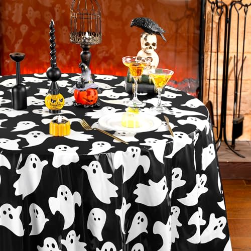 Image of Ganeen 6 Pcs Halloween Plastic Tablecloths 84 Inch White Black Ghost Disposable Table Cover Plastic Round Ghost Spooky Tablecloths Decoration for Halloween Baby Shower Party Supplies