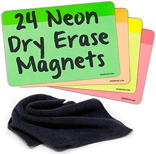 Neon Dry Erase Whiteboard Magnets by AgilePacks | 4" x 6" Reusable Magnets Plus Magnetic Microfiber Eraser Cloth