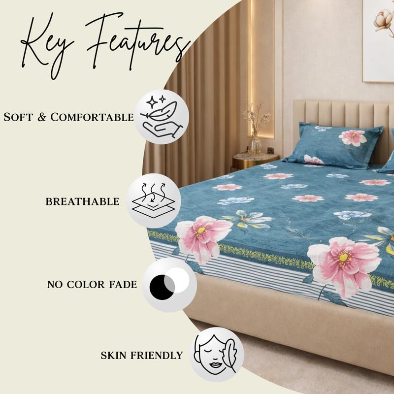 Image of THEA Double Bedsheet Set| 100% Cotton Like Soft Fabric | Microfiber Double Bedsheet for Double Bed (90 X 100 inches) with 2 Pillow covers,Royal Teal Flora