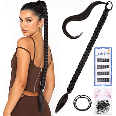 Thrilez 34 Inch Long DIY Braided Ponytail Extension with Elastic Tie Straight Wrap Around Hair Extensions Pony Tail, Natural Soft Synthetic Hair Braids Extension with Hair Pins and Black Hair Bands Cover