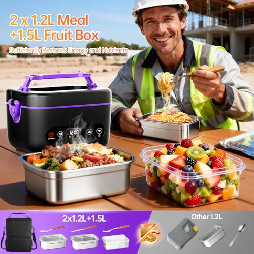Image of 2X1.2L Electric Heated Lunch Box, Upgared 100W 5D Surround Heat Tech 6x4000mAh Battery Powered with Dual Insulated Bag, Portable Food Warmer Automatic Heating 220F Max BPA Free for Men Purple