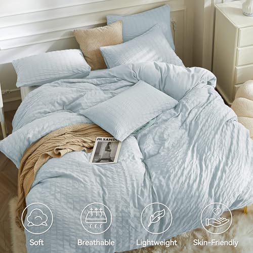 Image of JELLYMONI Seersucker Duvet Cover Set King, 3pcs Baby Blue Polyester | In Spacious Master, Couples & Pets, Crinkled Texture, Oeko-Tex Certified, 8 Corner Ties & Hidden Zipper