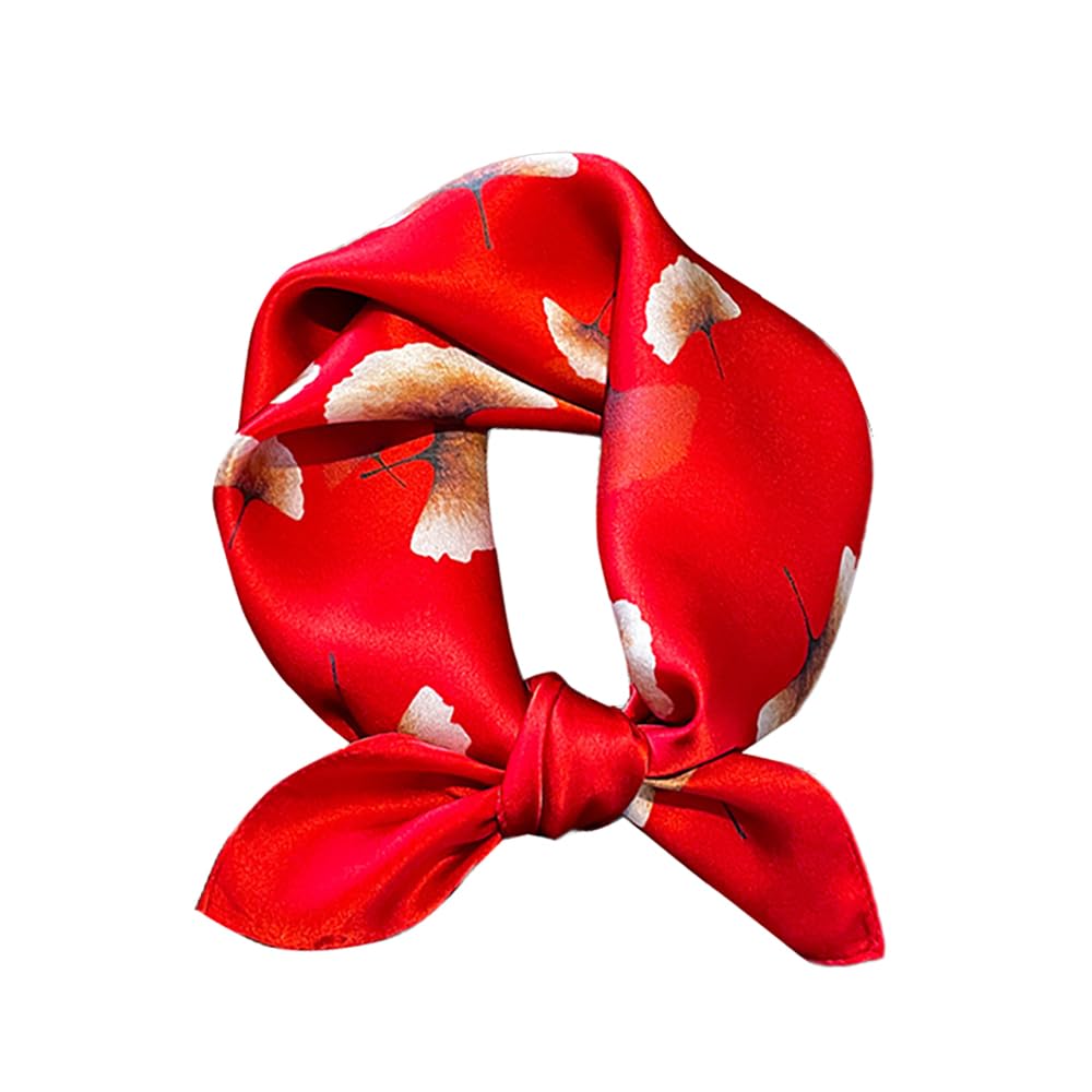 FEIBOON Mulberry Silk Scarfs Neck Scarf 21"x21" Small Square Scarfs hair scarf bandana Neckerchief Headscarf for Women Gift Packed-Red Ginkgo Biloba