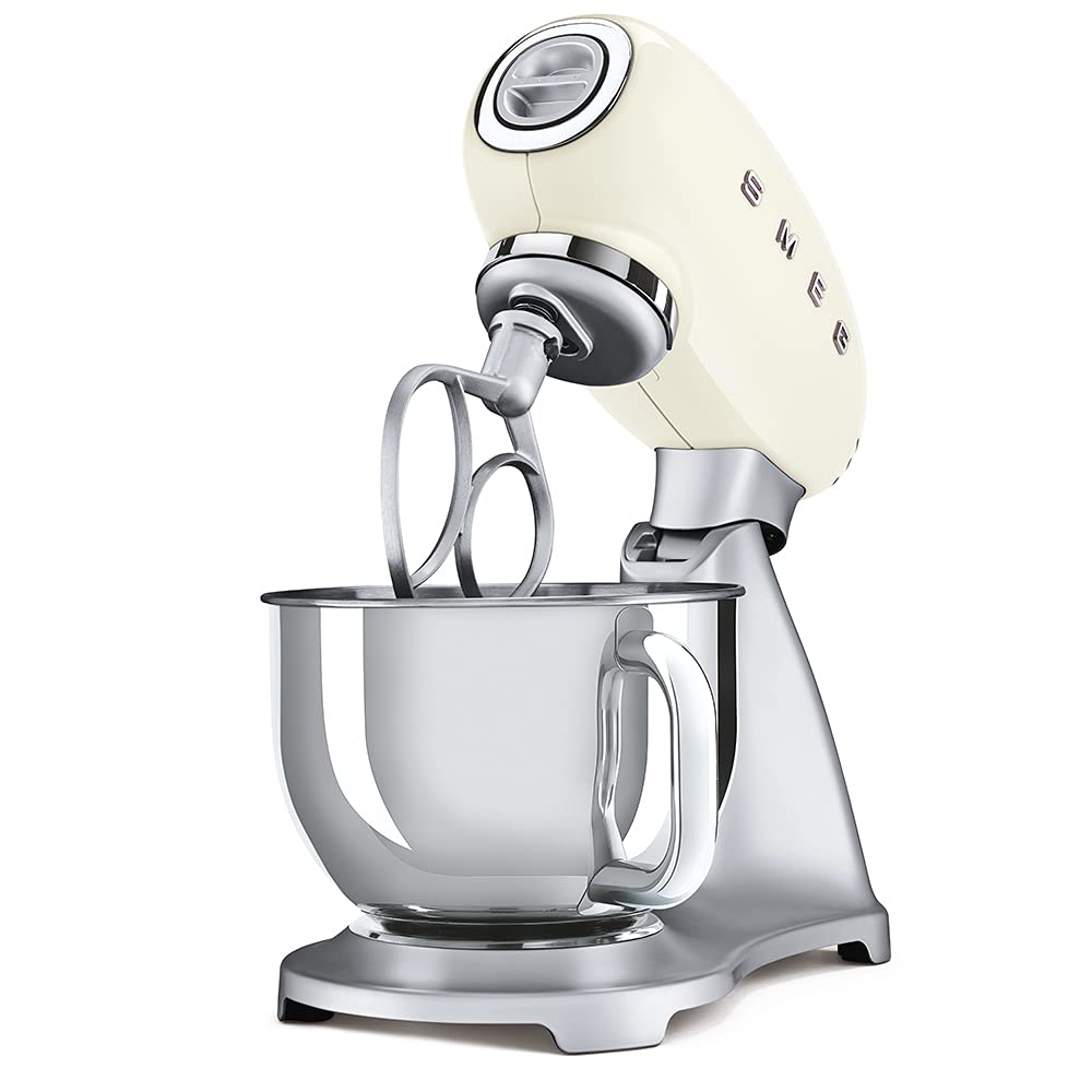 Smeg, Impastatrice Planetaria SMF02CREU, 10 Velocità, Smooth Start, Ciotola da 4,8 L, Sicurezza Blocco Motore, Frusta Filo, Frusta Piatta, Gancio e Coperchio Versatore in Dotazione, 800W, Panna