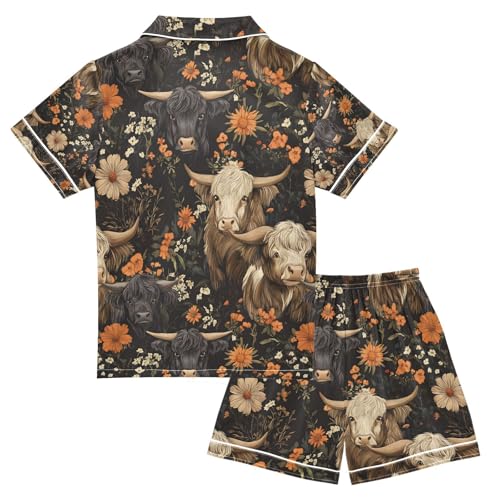 senya Highland Cows with Flowers Z Satin Summer Pajama Sets Silk Short Sleeve Button Down Sleepwear2