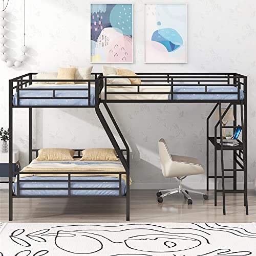 SOFTSEA L-Shaped Bunk Bed with Desk for 3 Persons