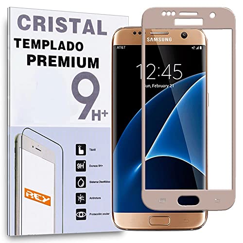 REY Protector de Pantalla Curvo para Samsung Galaxy S7 Edge, Oro, Cristal Vidrio Templado Premium, 3D / 4D / 5D