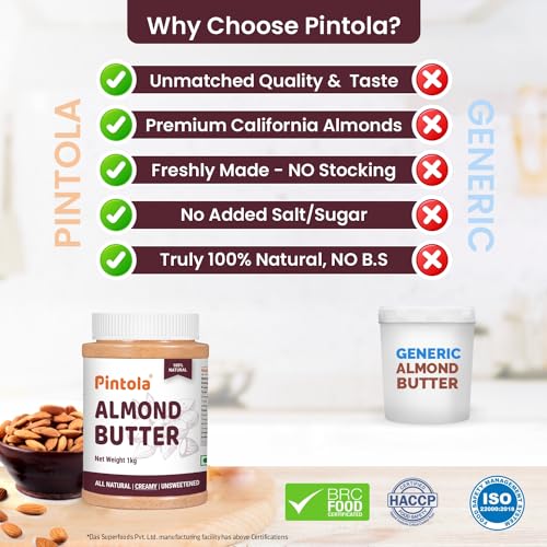 Image of Pintola Almond Butter Creamy 1kg - All Natural Unsalted Butter, Healthy Almond Butter Unsweetened for Bread Spreads, Vegan (Pack of 2)