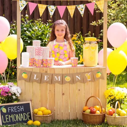Image of Glitopper 204 Pcs Lemonade Stand Supplies Kids Include 1 Gallon Lemon Plastic Drink Dispenser Burlap Banner Lemonade Apron and 100 Paper Cups with Lids Straws for Summer Lemon Stand Birthday (Pink)