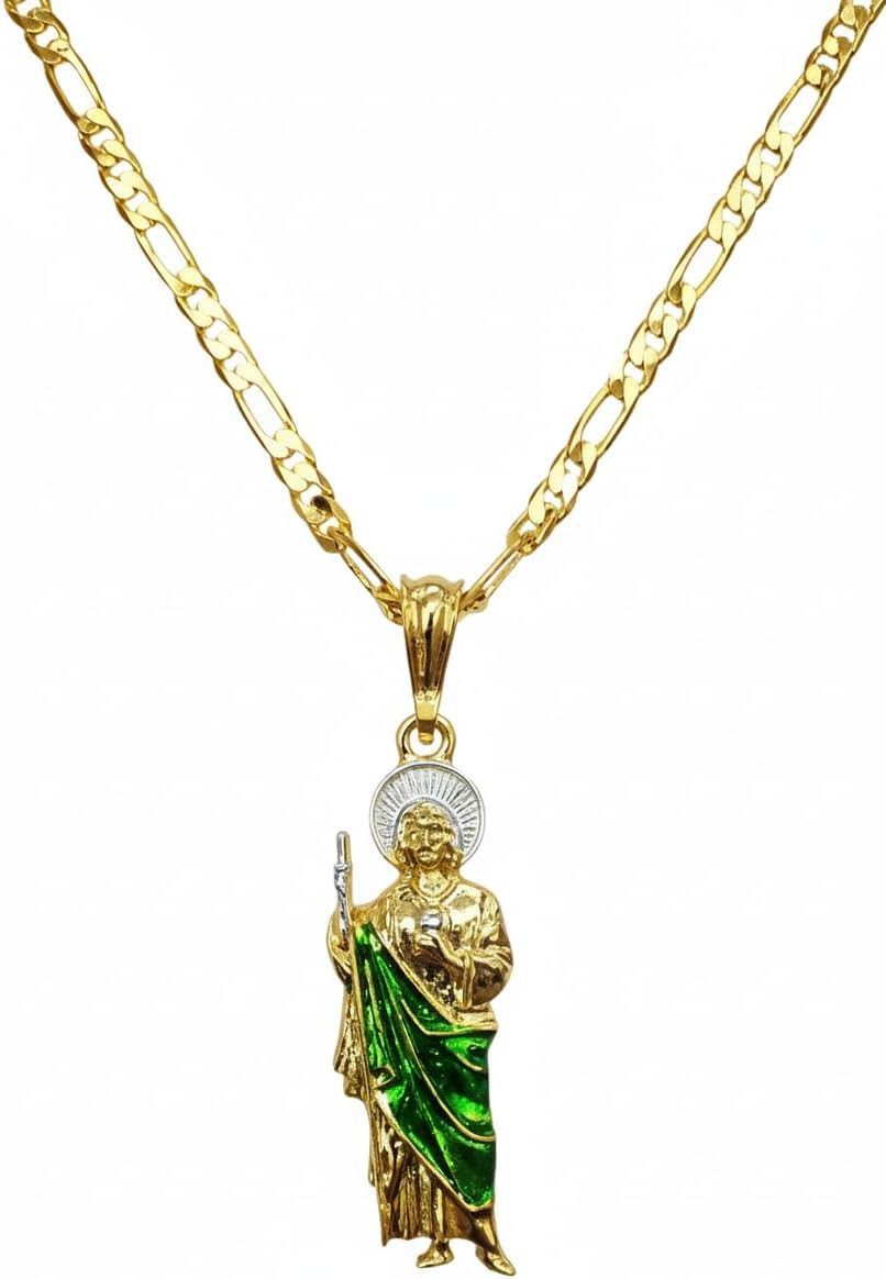 IMPRESSIVE Saint Jude Tadeo Necklace 20" Figaro Chain 14K Gold Plated Cadena de San Judas Tadeo Medalla de San Judas Oro Laminado Para Hombre Mujer