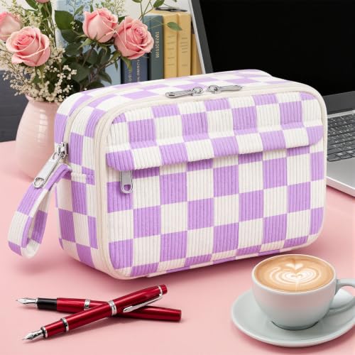 Image of WOBAGMEN Cute Pencil Case,Large Corduroy Zippered Pencil Case Pouch, Aesthetic Pencil Bag with Compartments(Purple Gingham)
