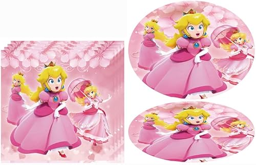 40pcs Princess Peach Party Supplies 20 Plates + 20 Napkin Princess Peach Birthday Party Decorations, for Girl and Boy