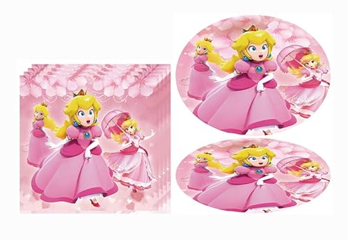 40Pcs Princess Peach Party Supplies 20 Plates + 20 Napkin Princess Peach Birthday Party Decorations, For Girl And Boy #TOP2