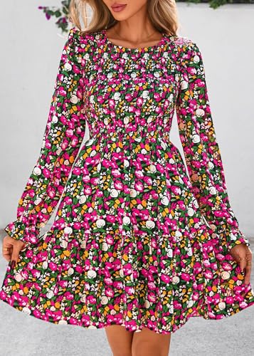 Image of KIRUNDO Long Sleeve Dress for Women 2025 Summer Fall Wedding Guest Smocked Floral Crewneck Ruffle A Line Flowy Mini Dress