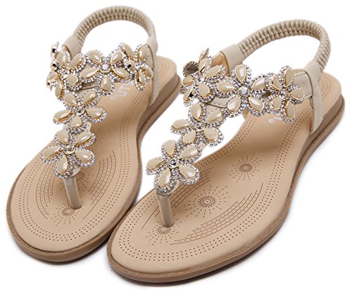 Women's Glitter Sandals, Bohemian Summer T-Strap Flat Thongs, Nude Floral Rhinestone Jewelry Gem, Open Toe Herringbone Comfy T Strap Shoes For Dressy Casual Jeans Daily Wear Beach Holiday #TOP1