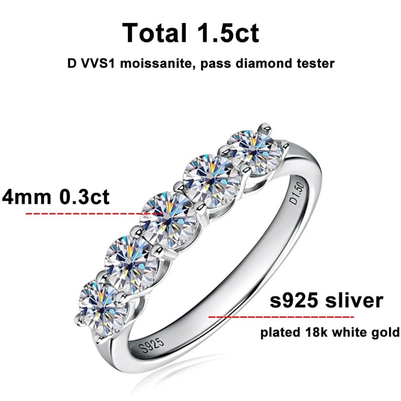 5 Stone Moissanite Wedding Band Rings, 1.5cttw D Color VVS1 Clarity Moissanite Ring, s925 Sterling Silver Stackable Rings For Women With Certificate2