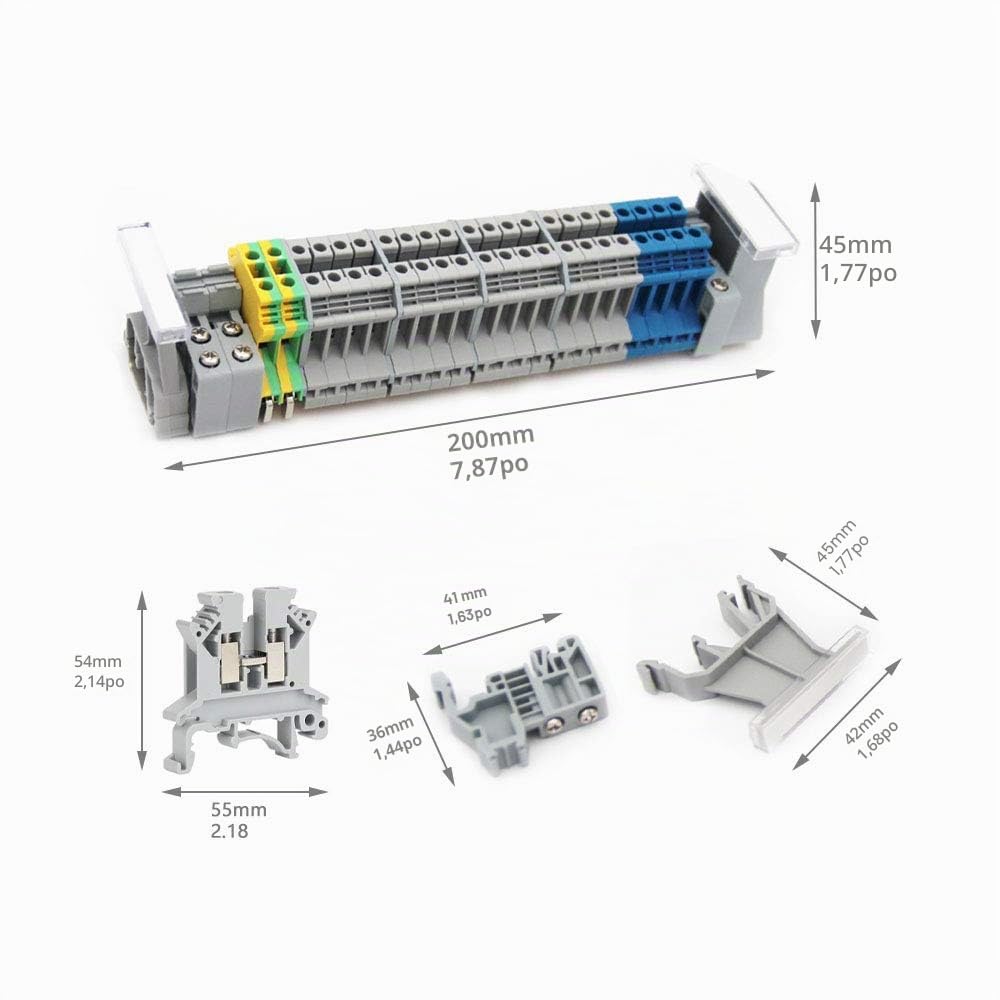 JINXM UK-2.5 Kit de Borniers de Rail DIN Connecteur de Bornier Connecteur de Boite Borniers sur Rail Din Bornier Blocs de Mise à la Terre Rails en Aluminium Capuchons Supports Cavaliers de Pont
