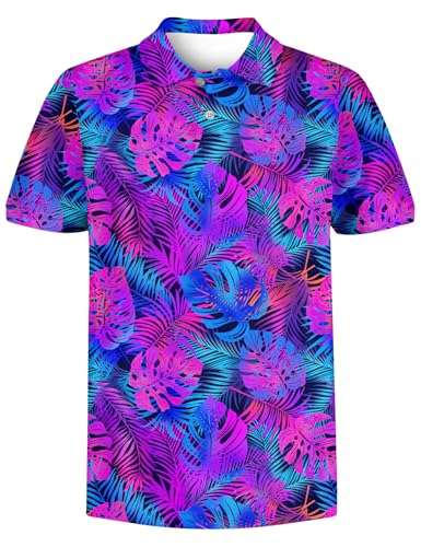 RAISEVERN Boys Golf Shirts Polo Size 10-12 Hawaiian Performance Collared Neon Leaf Tops Dry Fit Active Short Sleeve