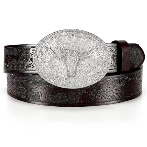 Western Cowboy Belt for Men Women Cowgirl Leather Belt for Jeans Bull Buckle Belt Floral-Engraved Mexican Belts