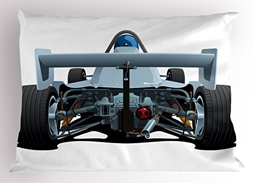 Ambesonne Cars Pillow Sham, Back View of a Formula Race Car Rally Competition Sports Cartoon Style, Decorative Standard Size Printed Pillowcase, 26