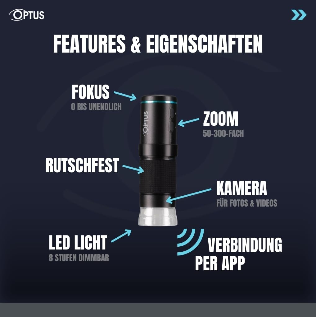 Optus Digitalmikroskop WLAN Full-HD 50x-300x mit Video- und Fotoaufnahme LED dimmbar für Handy, Technik, Schule, Natur, Pflanzen, Hobby