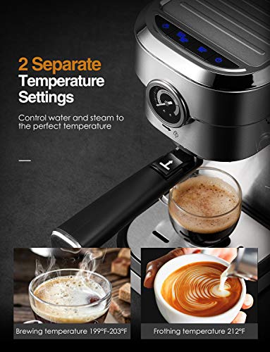 Brewsly 15 Bar Espresso Machine, Stainless Steel Compact Espresso Maker with Milk Frother Wand , Professional Coffee Machine for Espresso, Cappuccino and Latte