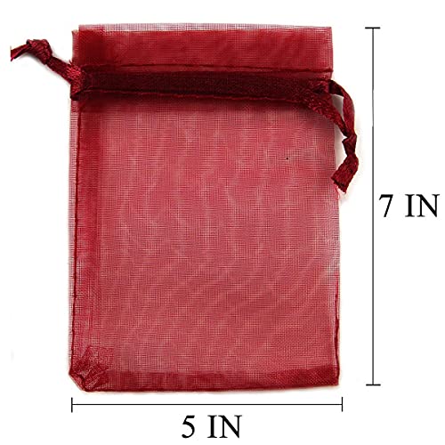 Packs-of-100-Gift-Organza-Bags-Burgundy-Drawstring-5x7-Inch-for-Baby-ShowerChristmasBirthdayParty-FavorsWeddingCollege-Graduation-Sheer-Mesh-Fabric-Wrap-Recycled-Sachet-for-JewelryCard