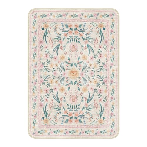 Floral Washable 5x7 Area Rug, Soft Non-Slip Pink Rugs for Girls Bedroom, Low Pile Flower Boho Living Room Rug, Non-Shedding Botanical Indoor Carpet for Nursery Playroom Dorm - Image 3