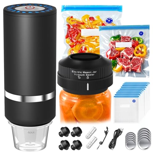 Vacuum Sealer Machine for Food Mason Jar Vacuum Sealer + 4Wine Vacuum Stopper +10 Reusable Vacuum Bags Kitchen Travel Fridge Meal Prep Camping - Slate Black