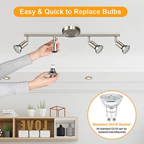 Unicozin 4 Light LED Track Lighting Kit, Matt Nickel 4 Way Ceiling Spot Lighting, Included 4 x GU10 LED Bulbs (4W, Daylight White 5000K, 400LM, Non-Dimmable), Rotatable Light Head Track Light - Thumbnail 6