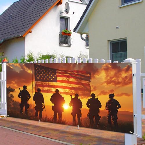 Image of 13x6 ft Patriotic Silhouette Garage Door Banner - Saluting Figures with American Flag Backdrop, Hanging Garage Decorations - for Memorial Day Veterans Day Tribute, Military Honor Outdoor Wall Sign