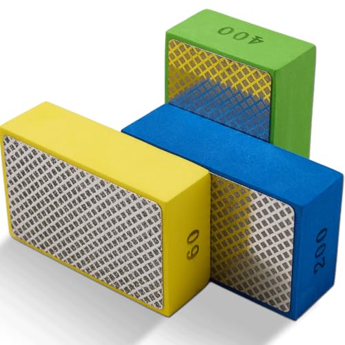 XKDOUS 3PCS Diamond Hand Polishing Pads,Diamond Sanding Pads 60/200/400 Grit Sanding Block Foam Backing for Tile Glass Stone Marble Granite Ceramics Metal Wet&amp;Dry