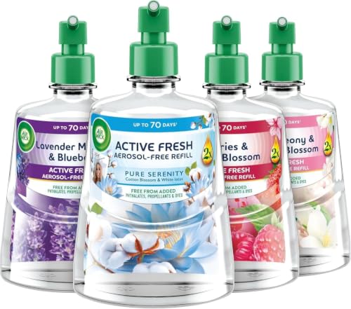 Air Wick Aerosol-Free Automatic Air Freshener Spray | Lasts Up to 3x70 Days (4 Refills Pure Serenity Berries & Peach Blossom Lavender Meadow & Bluebells White Peony & Jasmine Blossom)