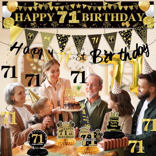 Image of 71st Birthday Decorations for Men, Black Gold 71st Party Decoration Kits | 27pcs Happy 71st Birthday Set, Banner, Honeycomb, Balloons, Gold Number, Candle, Hanging Swirls, Cake Topper, Party Supplies