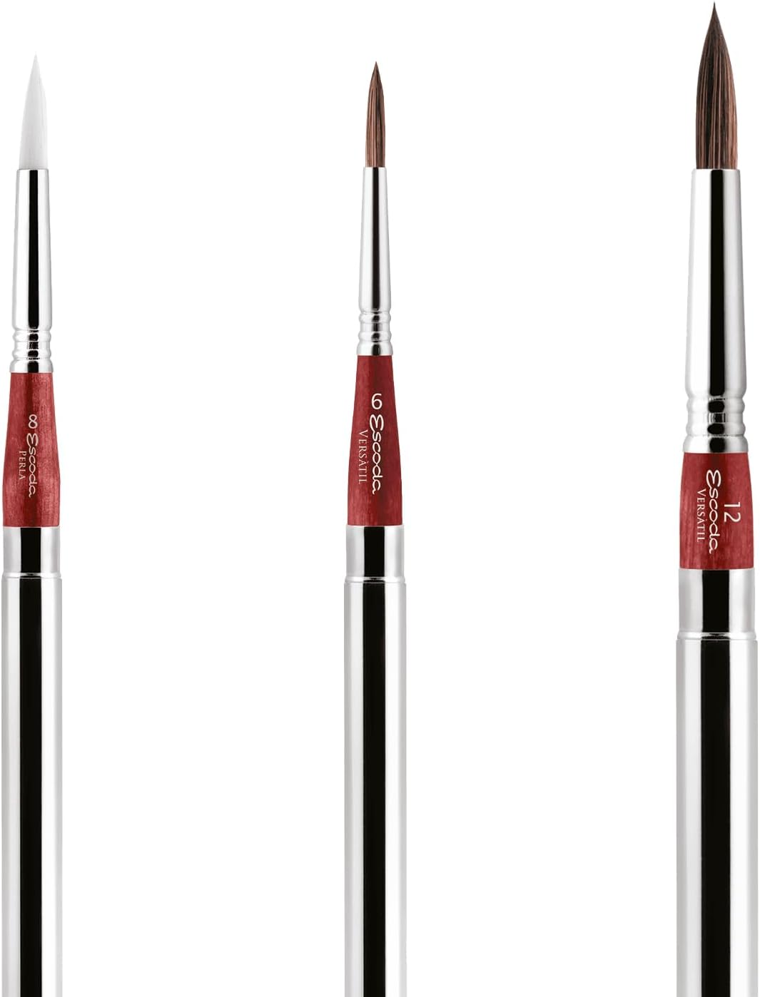 Escoda | Watercolour | Red Travel Set | Size 6,8,12 | 3 Brushes | Synthetic Kolinsky + White Toray | Round Pointed