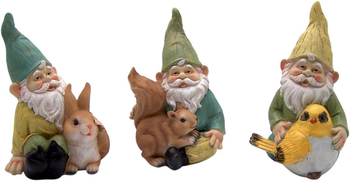 Outdoor Decor Pastel Garden Gnomes with Woodland Creatures, Set of 3, 8 1/4 Inch (H)