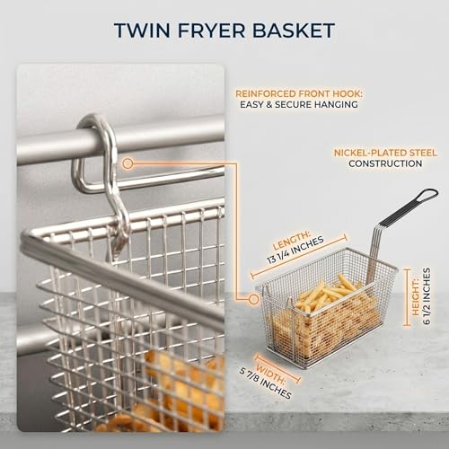 Juego de 4 Cestas para Freidora con Gancho Frontal, 13 1/4" x 6 1/2" x 5 7/8", Cesta Comercial Resistente, Mango de PVC Térmicamente Aislado, Malla de Acero Niquelado para Papas Fritas, Chips y Alimentos Fritos miniatura 6