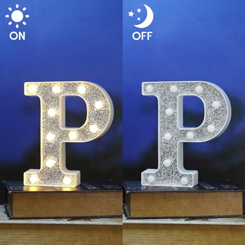 Image of Light Up Letters, Marquee Light Letter for Table Decorations, Glitter Light Up Signs for Prom, Events, or Engagement Party Decor, Featuring Alphabet & Number Lighted Letters, Letter P